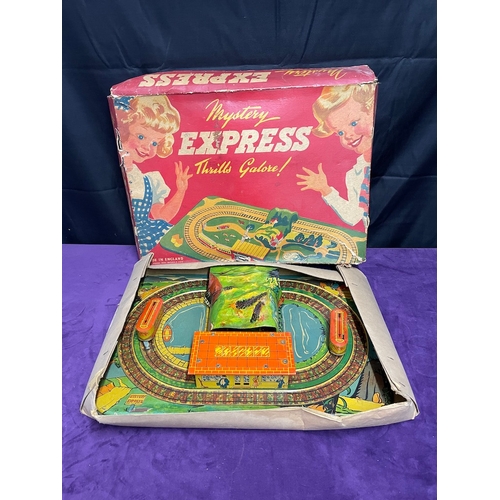 44 - Vintage 1950's Mystery Express tin plate track with two carriages in original box
