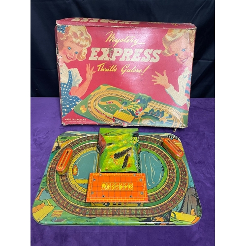 44 - Vintage 1950's Mystery Express tin plate track with two carriages in original box