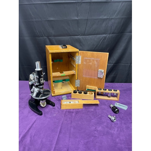 47 - Vintage Microscope in Oak Box plus attachments