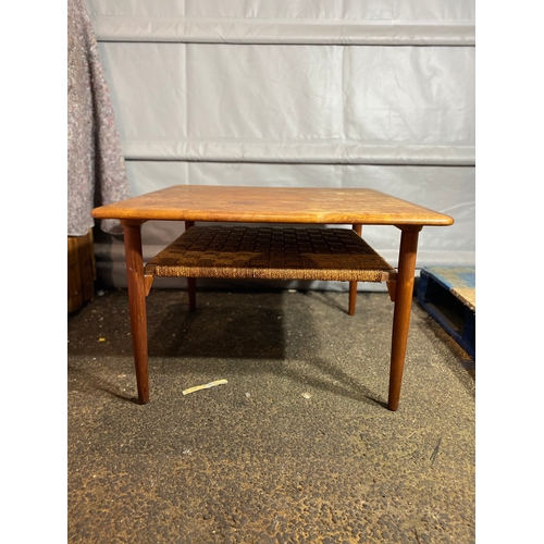 340 - Mid century Danish teak square coffee table with woven shelf 

Dimensions - 31