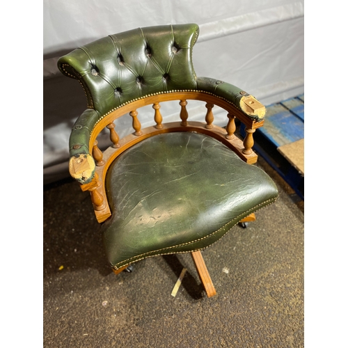 343 - Vintage Green leather Chesterfield style captains chair.