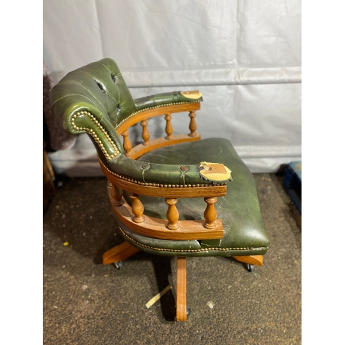 343 - Vintage Green leather Chesterfield style captains chair.