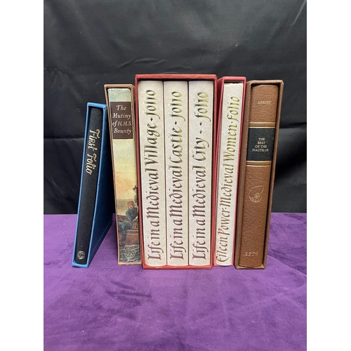 99 - Quantity of Six Folio Society Books inc 
First Folio, The Mutiny of HMS Bounty , Life in a Medieval ... 