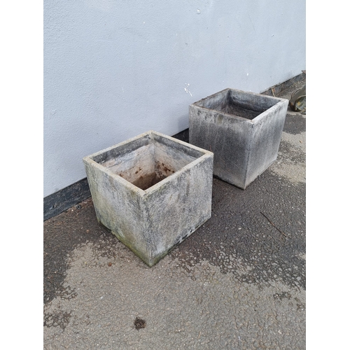 381 - Two stone cube flower / garden pots in grey