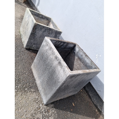 381 - Two stone cube flower / garden pots in grey