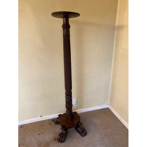 256 - 19th Century Large mahogany carved stand / Torchere on claw feet / carved ribbed pedestal 

Stands a... 