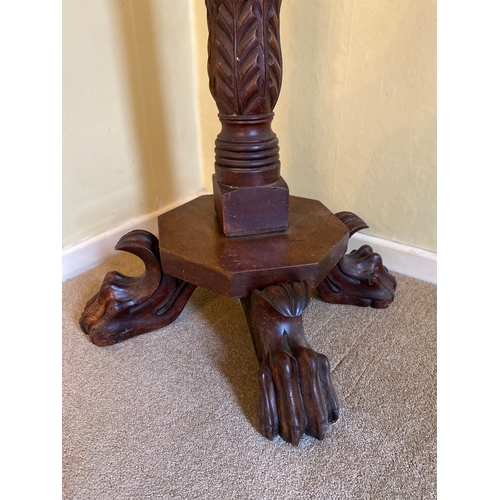 256 - 19th Century Large mahogany carved stand / Torchere on claw feet / carved ribbed pedestal 

Stands a... 