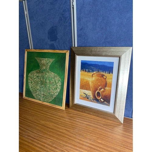 236 - Two pottery themed artworks. One by M. Cellini.

See images for dimensions of green picture for refe... 