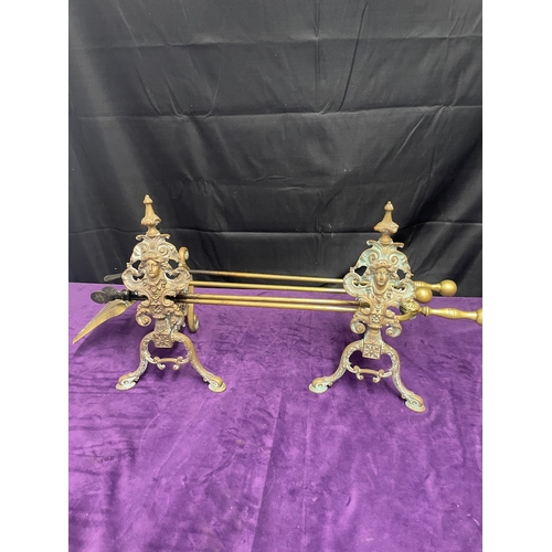 67 - Victorian Brass Ornate Fire Tool stand + tools