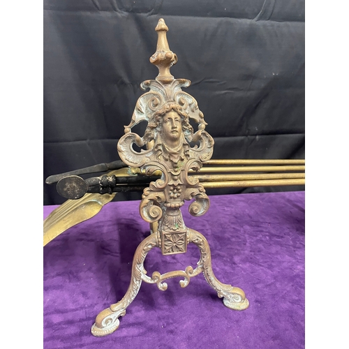 67 - Victorian Brass Ornate Fire Tool stand + tools