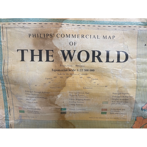 198 - Large 1970's Philips Commercial Geographical Map of The World on linen