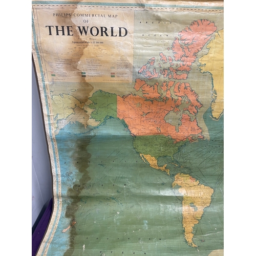 198 - Large 1970's Philips Commercial Geographical Map of The World on linen