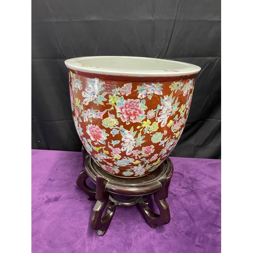 48 - Vintage Oriental Hand painted Enamel Stoneware Flower pot on stand - signed underneath