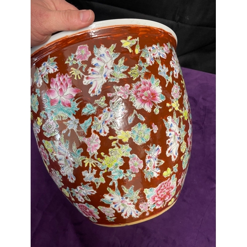 48 - Vintage Oriental Hand painted Enamel Stoneware Flower pot on stand - signed underneath