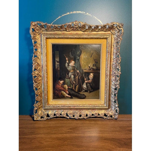 3 - 19th Century Oil on Board depicting Three young children saddling up framed in period gilded frame m... 