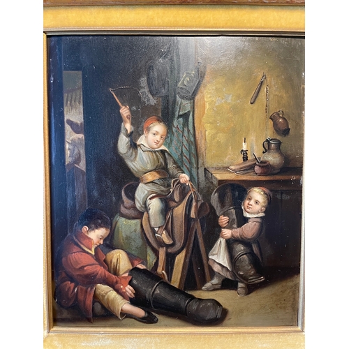 3 - 19th Century Oil on Board depicting Three young children saddling up framed in period gilded frame m... 