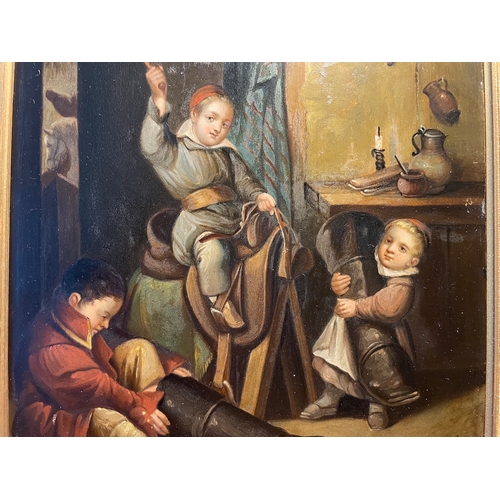 3 - 19th Century Oil on Board depicting Three young children saddling up framed in period gilded frame m... 