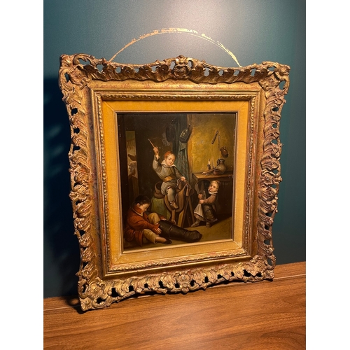 3 - 19th Century Oil on Board depicting Three young children saddling up framed in period gilded frame m... 