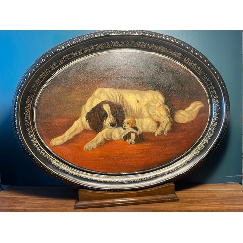 8 - 18th Century Hand Painted Oval Wooden Serving Tray of Spaniel and pups resting 

Tray measures 24