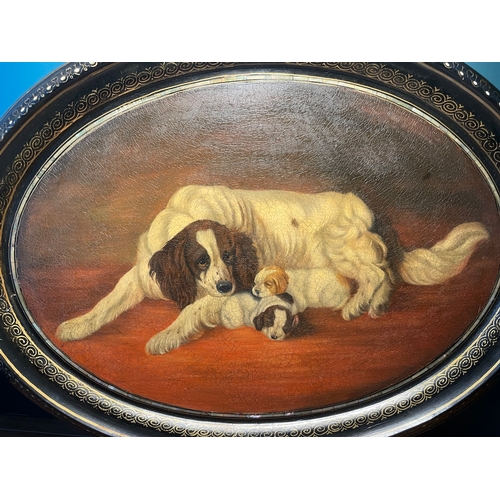 8 - 18th Century Hand Painted Oval Wooden Serving Tray of Spaniel and pups resting 

Tray measures 24