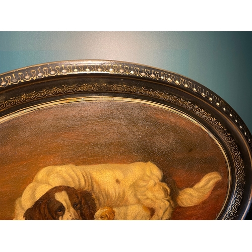 8 - 18th Century Hand Painted Oval Wooden Serving Tray of Spaniel and pups resting 

Tray measures 24