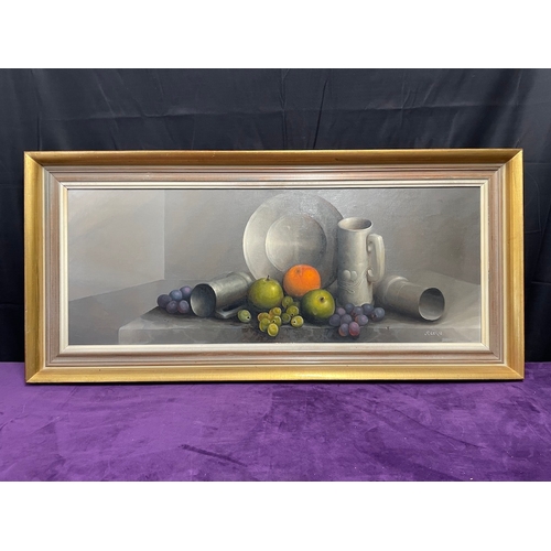 21 - George Leslie Reekie (Scottish 1911-1969) - Still Life with Fruit, Pewter Jug , Salver Tankards  oil... 