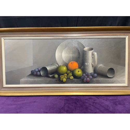 21 - George Leslie Reekie (Scottish 1911-1969) - Still Life with Fruit, Pewter Jug , Salver Tankards  oil... 