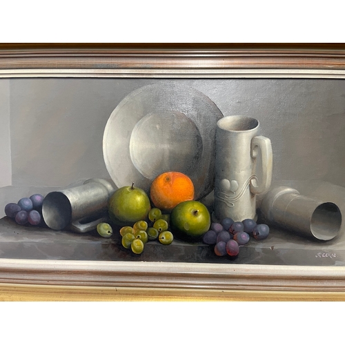 21 - George Leslie Reekie (Scottish 1911-1969) - Still Life with Fruit, Pewter Jug , Salver Tankards  oil... 