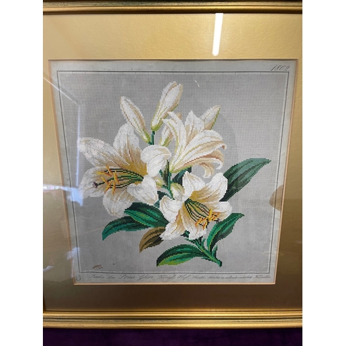 25 - 19th Century Framed Berlin Hand Painted Wool work Embroidery by Louis Glüer (1820-1870) of Lilies Fl... 