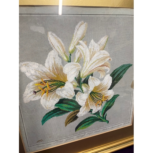 25 - 19th Century Framed Berlin Hand Painted Wool work Embroidery by Louis Glüer (1820-1870) of Lilies Fl... 