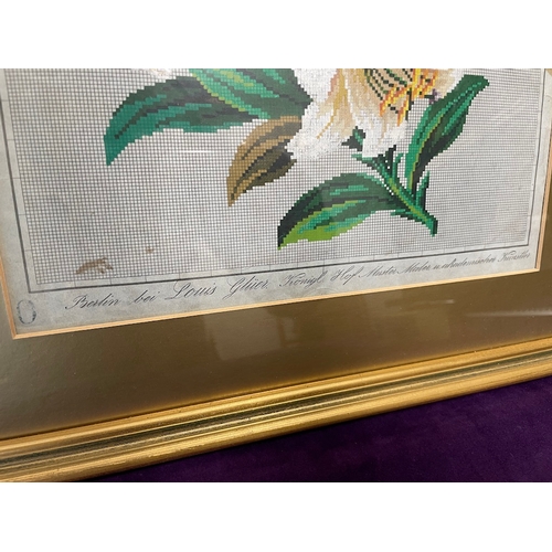 25 - 19th Century Framed Berlin Hand Painted Wool work Embroidery by Louis Glüer (1820-1870) of Lilies Fl... 