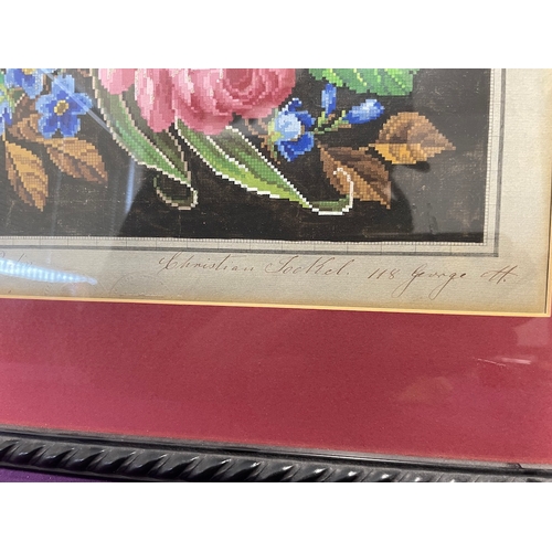 26 - 19th Century Framed Berlin Hand Painted Wool work Embroidery of roses / flowers signed bottom right ... 