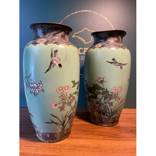 41 - 19th Century Pair of Chinese Polychrome Cloisonné vases Featuring Floral & Bird Motif