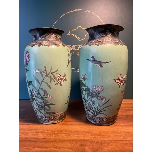 41 - 19th Century Pair of Chinese Polychrome Cloisonné vases Featuring Floral & Bird Motif