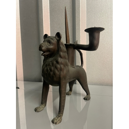 54 - Medieval Styled 19th Century Solid Bronze / Brass Candelabra pricket Candlestick formed of a Lion
He... 