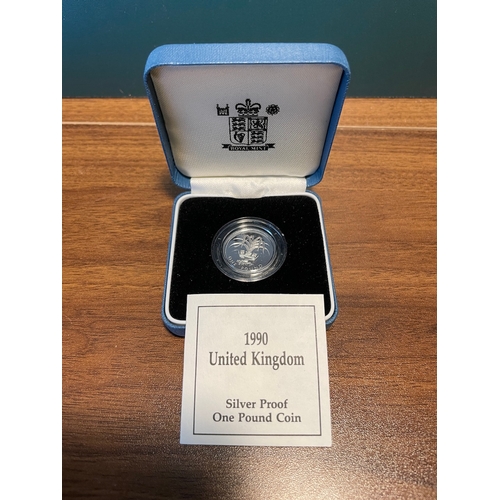 80 - Royal Mint 1990 United Kingdom Silver Proof One Pound Coin in Box with COA