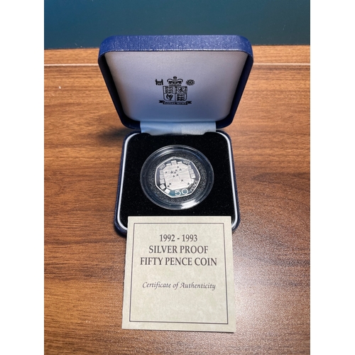 92 - Royal Mint 1992-1993 Silver Proof Fifty pence Coin in Box with COA