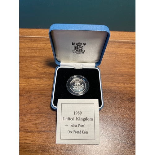 99 - Royal Mint 1989 United Kingdom Silver Proof One Pound Coin in Box with COA