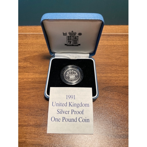 62 - Royal Mint 1991 United Kingdom Silver Proof One Pound Coin in Box with COA