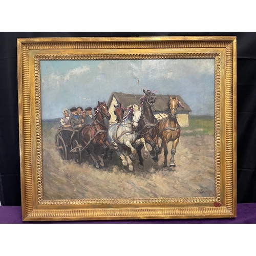 20C - Early 20th Century Oil on Canvas of Horse drawn carriage - signed indistinctly bottom right - gilded... 