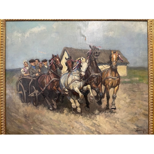 20C - Early 20th Century Oil on Canvas of Horse drawn carriage - signed indistinctly bottom right - gilded... 