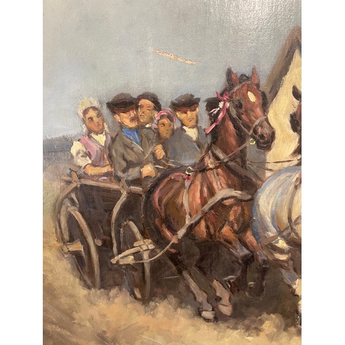 20C - Early 20th Century Oil on Canvas of Horse drawn carriage - signed indistinctly bottom right - gilded... 