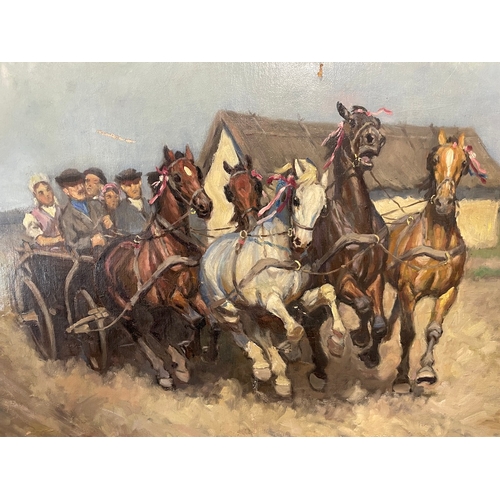 20C - Early 20th Century Oil on Canvas of Horse drawn carriage - signed indistinctly bottom right - gilded... 