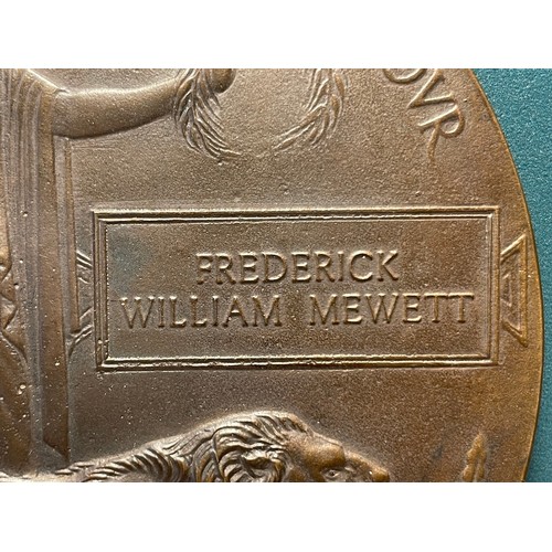 170 - WW1 Bronze Death Plaque / Penny - Frederick William Mewitt