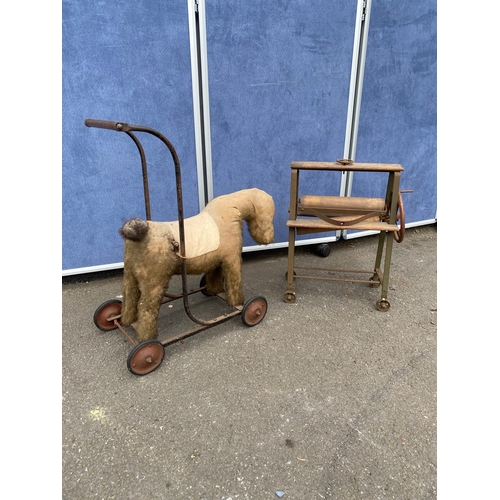 222 - Vintage ride on dog/horse and Victorian style collar press/washing mangle