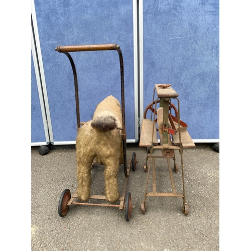 222 - Vintage ride on dog/horse and Victorian style collar press/washing mangle