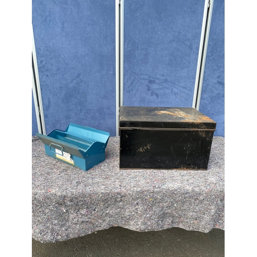 230 - Two metal boxes. One cantilever tool box and one lockable document/deed box.