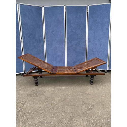 243 - Antique english Victorian folding campaign daybed by Leveson & Sons. Mahogany framed with woven cane... 