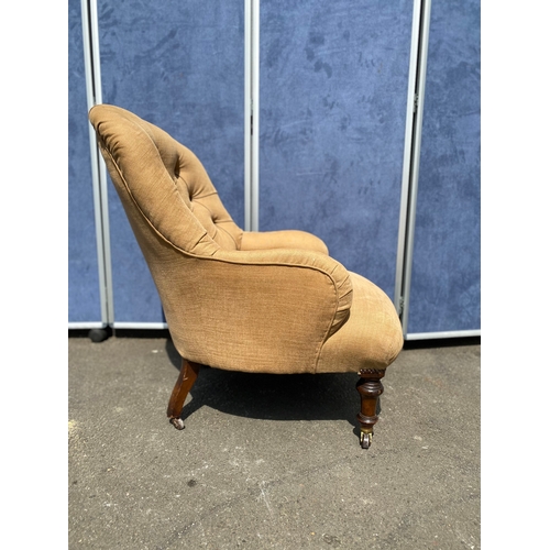 258 - Vintage mustard upholstered button back slipper/reading chair