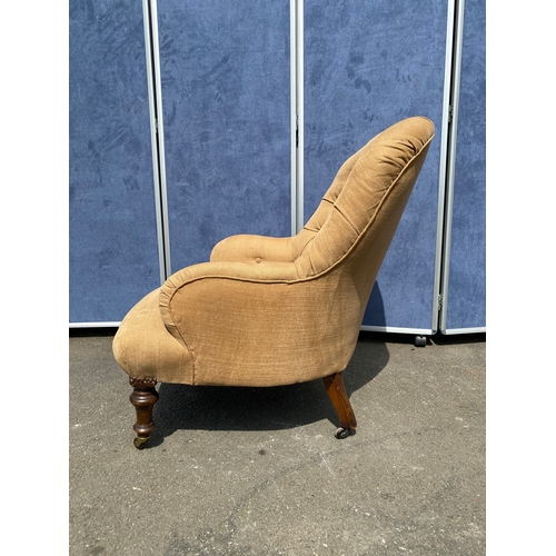 258 - Vintage mustard upholstered button back slipper/reading chair